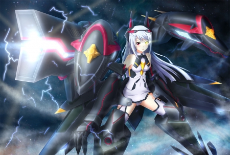 Laura Bodewig - Black, Infinite Stratos, Laura Bodewig, Yellow Eye, Long Hair, Red Eye, Eyepatch, Silver Hair, Machine, Gray