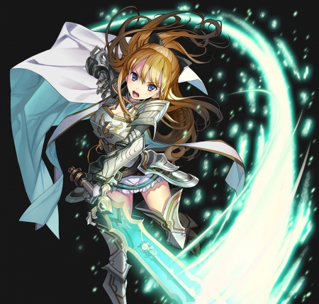 Light Sword - pretty, anime, female, warrior, blue, light sword, long hair, armor, ribbon, fight, rude, anime girl, beautiful, girl, cape, blonde hair, glow, black, white, lady, silver, woman, cute