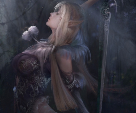 Moonlight - moon, beauty, woman, elf, lady, female, long hair, night, fantasy, armor, abstract, dark, blonde hair, beautiful, moonlight