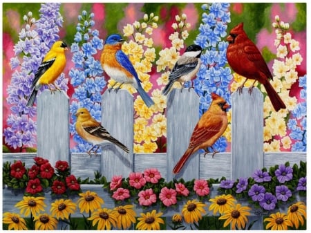 SPRING GARDEN PARTY - BIRDS, FENCE, SPRINGTIME, COLORFUL, FLOWERS