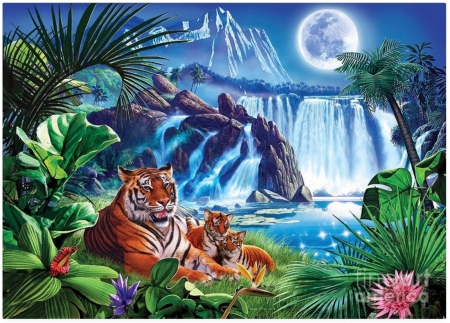 TIGER MOON - moon, mountain, tropical, waterfall, tigers