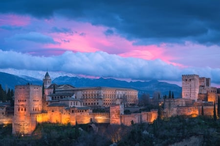 Alhambra, Spain - clouds, granada, sunset, towers, hdr, walls, castle, sky