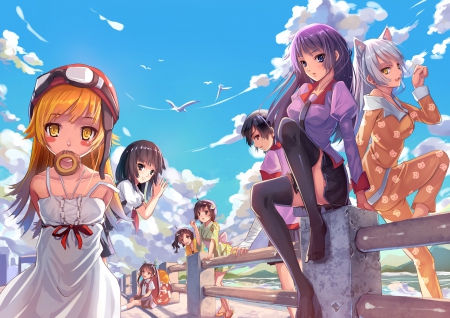 Bakemonogatari - oshino, sky, female, blond, senjougahara hitagi, oshino shinobu, anime girl, blond hair, cloud, blonde hair, hitagi, anime, shinobu, team, cute, scene, bakemonogatari, girl, adorable, long hair, senjougahara, purple hair, eat, kawaii, group, blonde, donut