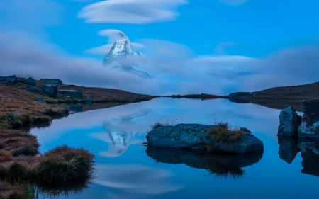 Blue Lake and Snow-Covered Mountain - clouds, blue, snow, nature, landscapes, mountains, lakes, sky, rocks