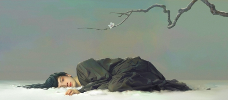 Lovely Serenity - woman, girl, serene, resting, asian, fantasy, art, snow, beautiful, digital