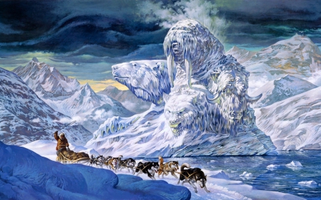 Arctic Iceberg - winter, blue, snow, dog, ice, fantasy, white, arctic iceberg, ezra tucker, art