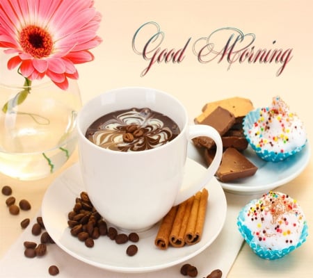 Good Morning - coffee, pink, breakfast time, chocolate, flower, cup, coffee beans