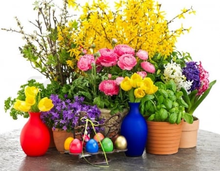 Spring Flowers and Easter Eggs - flowers, still life, easter eggs, spring