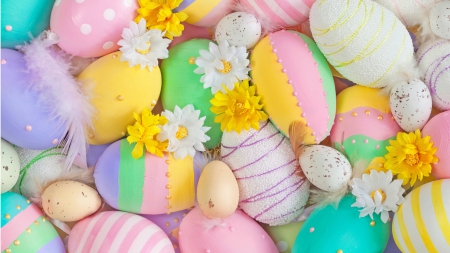 Easter Eggs - eggs, feathers, easter, flowers, daisies