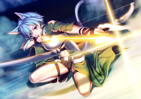 Sinon - tail, alfheim online, glasses, neko, shino asada, bow, gun gale online, armor, fairy, cat ears, blue hair, arrow, short hair, sword art online, moon, blue eyes, sinon