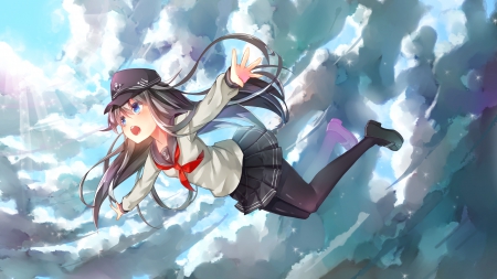 Kantai - Sailor Uniform, Kantai Collection, Kantai, Anime Girl, Brown Hair, Kancolle, Anime, Ship, Long Hair, School Uniform, Wallpaper, Collection, Hat, Sky