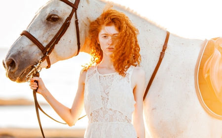 White Beauty - white, horse, animal, woman