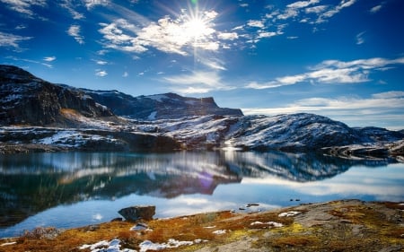 Beautiful sky - cloud, sky, lake, nature, mountain, sun, snow