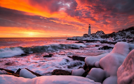 Winter - lighthouse - winter, lighthouse, sea, waves