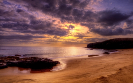 Purple sky - beaches, hill, sky, cloud, sea, sand