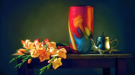 Still Life - flowers, table, vase, coffee