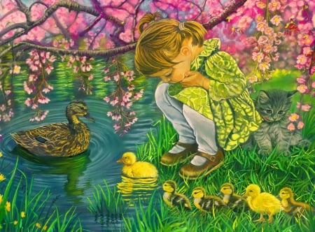 Mother's love - pretty, blossoms, spring, child, duckling, garden, mother, lake, art, kid, beautiful, pond, girl, lovely, love, tree, watch, nature, painting, ducks, park