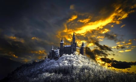 Golden Castle - tourism, forest, mountains, germany, winter, beautiful, history, sky, hohenzollern castle, clouds, sunset