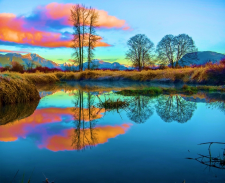 River in British Columbia, Canada - sky, trees, water, wallpaper, sunset, reflection, clouds, sunsets, rivers