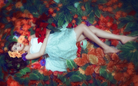 Girl - red, model, toamna, girl, dress, blue, white, leaf, orange, asian, woman, autumn, green