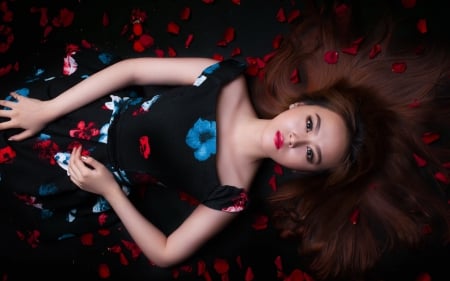 Girl - woman, girl, petals, asian, rose