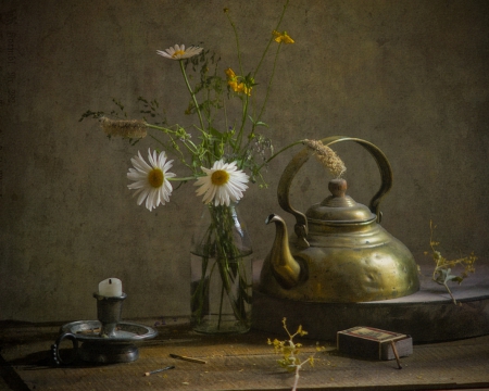 Still Life - flowers, candle, still life, kettle