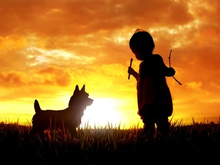 READY for an EVENING WALK - kid, sunset, girl, dog, silhouette, walk