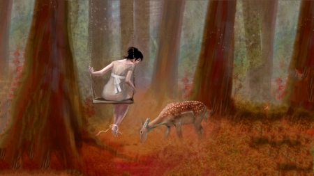 Tranquil - women, forest, dream, fantasy, deer