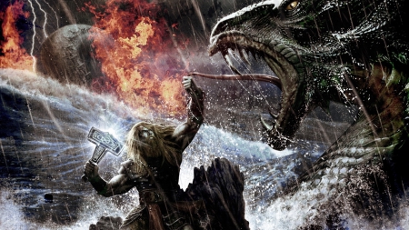 Odin and the serpent of the sea - epic, odin, fantasy, dragon, amon amarth, ocean