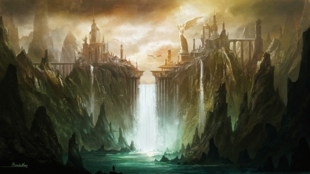 Cascade city - fantasy, water, cascade, landscape, city