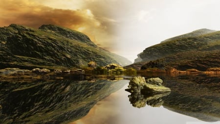 liquid mirror - rock, lake, mountain, reflection