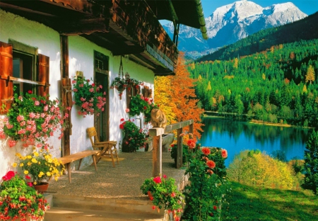 Mountain rest - cottage, trees, paradise, spring, vacation, view, river, house, lake, landscape, mountain, hills, summer, chalet, beautiful, rest, flowers, cabin