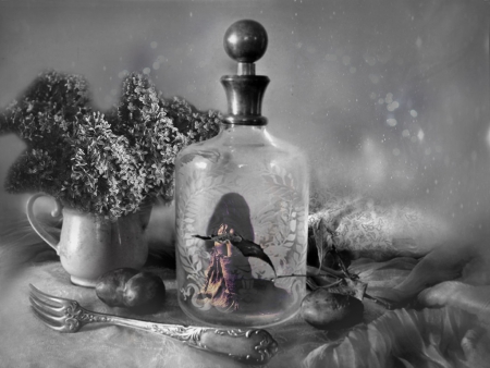 Inside... - black and white, bottle, fantasy, inside