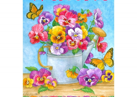 WELCOME SPRING - butterfly, flowers, can, spring, pansies, wating, welcome