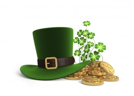 Saint Patrick's Day - clovers, top hat, saint patricks day, hat, patricks day, coins, shamrocks, gold