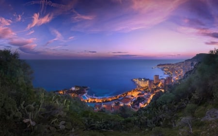 View of Monaco at Night - oceans, coast, sea, night, monaco, architecture, cityscapes, mountains, houses