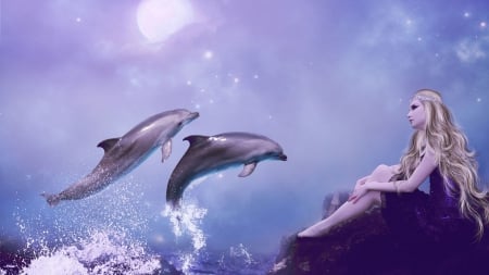 Woman looking at the dolphins - sea, fantasy, dolphins, woman