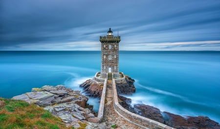 Polyphemus - clouds, rocky shore, horizon, France, lighthouse, beautiful, grass, blue sea, tranquility