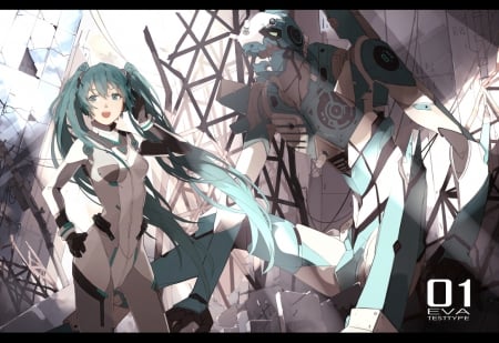 Neon Genesis Evangelion and Vocaloid Crossover - hatsune miku, anime girl, robot, hatsune, neon genesis evangelion, vocaloid, anime, miku, mecha, crossover, eva unit 01