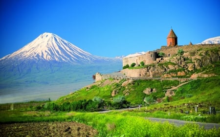 Castle and Mountain Landscape - snow, architecture, mountains, castles, grass