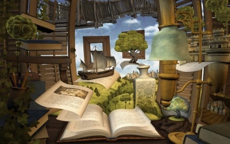 The wonderful world of books - library, hq, books, digital, land, fantasy, boat, world