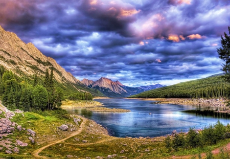 Medicine Lake, Canada - sky, landscape, hills, clouds, water, mountains, hdr