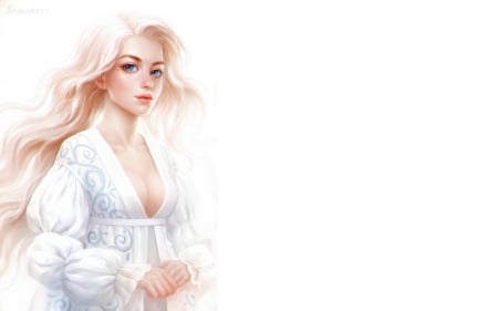 White - woman, girl, blue eyes, sharandula, fantasy, serenity, white, art, blonde