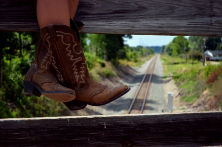 Her Overpass View - women, fun, bridges, female, boots, fashion, models, western, girls, cowgirls, style, railroad tracks