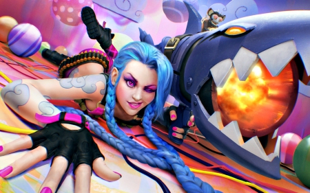 Jinx - game, league of legends, blue, girl, pink, orange, jinx, fantasy, alex negrea, hand, woman, art