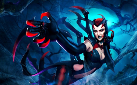 Elise - woman, girl, alex negrea, elise, fantasy, black, art, game, hand, red, blue, league of legends