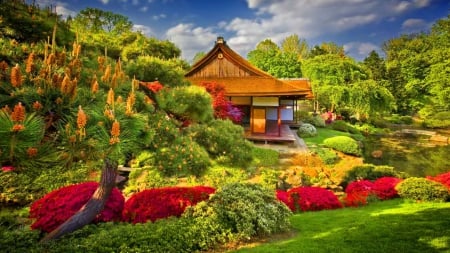 Spring Japanese Garden - sky, trees, spring, nature, clouds, house, flowers, pond, garden