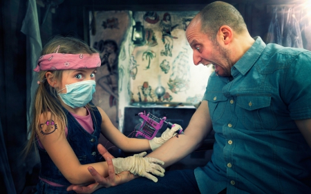 Making tattos - child, funny, pink, girl, blue, creative, fantasy, little, tattoo, man