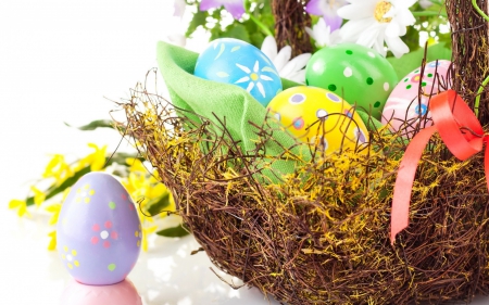 Happy Easter! - eggs, yellow, blue, spring, flower, easter, basket, white, purple, nest, bow