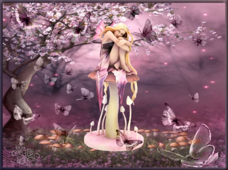 FAIRY BUTTERFLY IN PINK - PINK, FAIRY, BLOSSOMS, BUTTERFLIES, MUSHROOMS